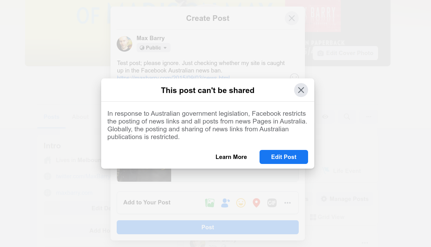 Error saying This post can't be shared: In response to Australian government legislation, Facebook restricts the posting of news links and all posts from news Pages in Australia. Globally, the posting and sharing of news links from Australian publications is restricted.